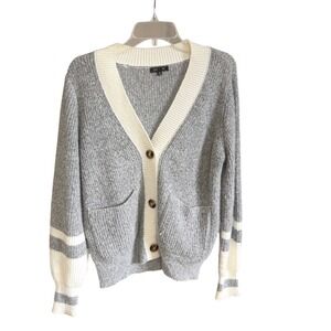 Lety & Me Cardigan Sweater Womens M Grey Varsity Stripe V-Neck Pocket Grandmacor